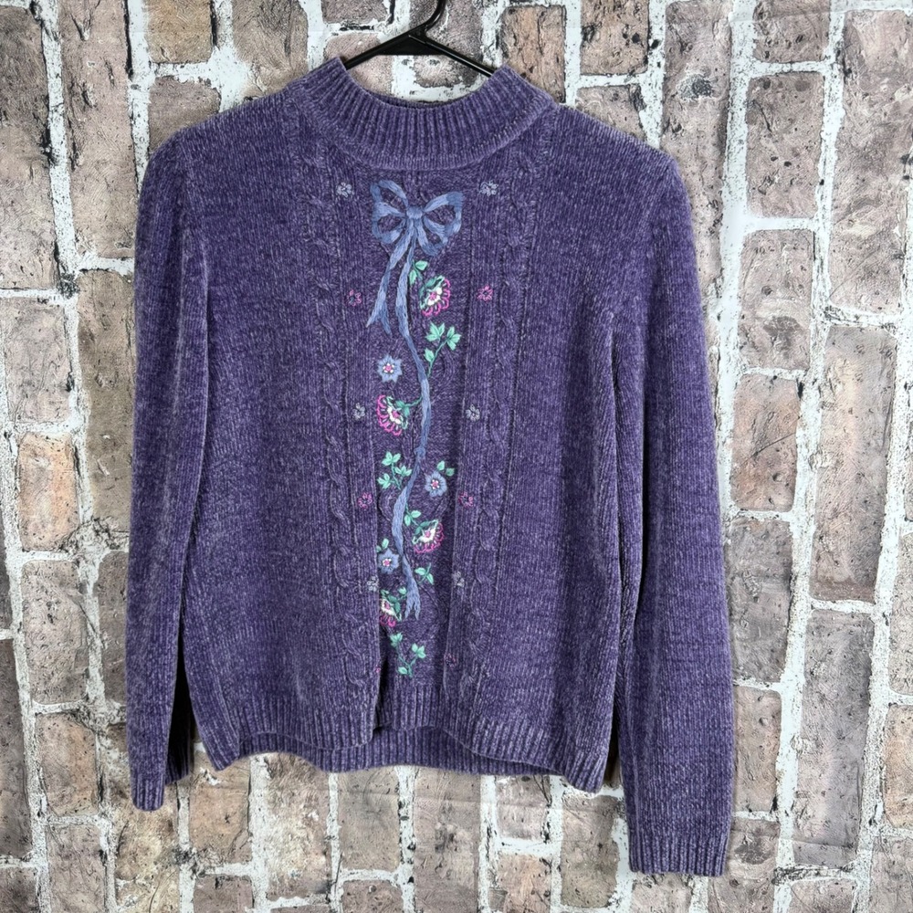 VTG Alfred Dunner Purple Chenille Knit Sweater Petite M Embroidery Mock Neck